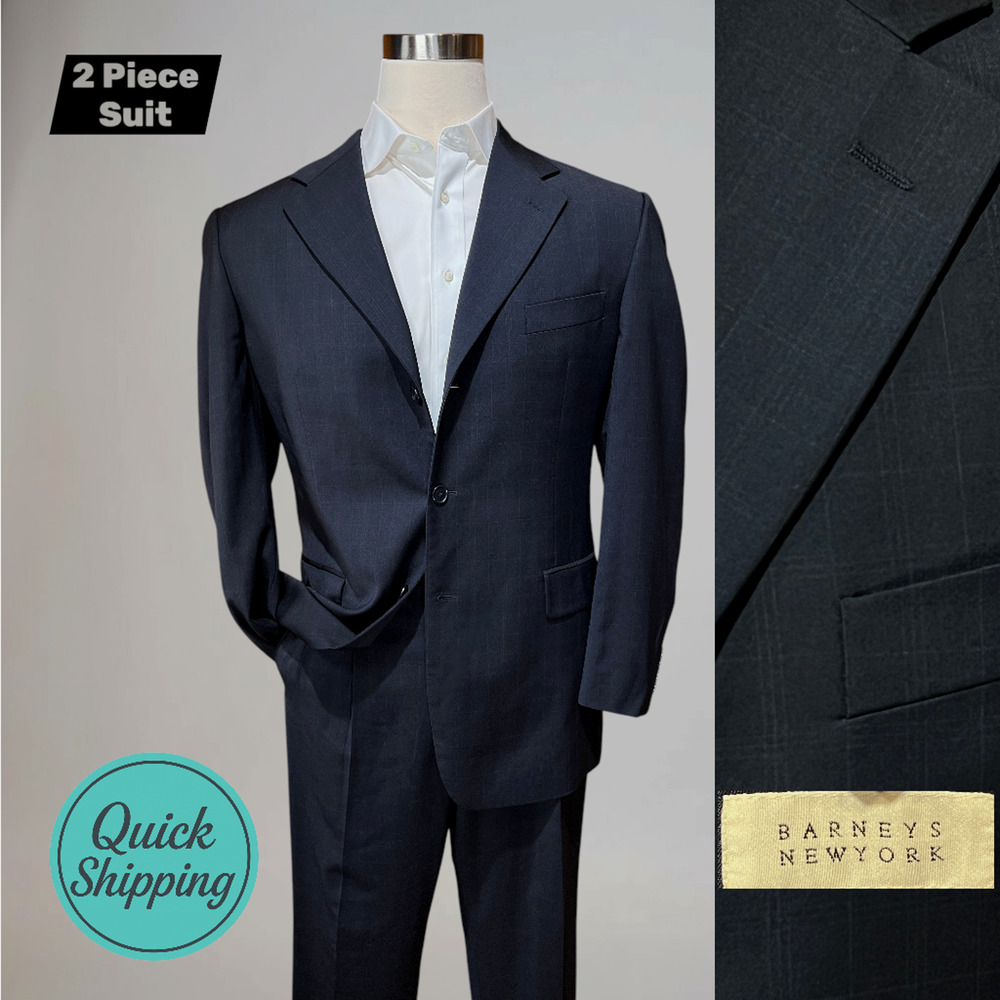 Barneys Italy Mens 44R 34x31 Midnight Blue Ghost Plaid Virgin Wool 3/2 Roll